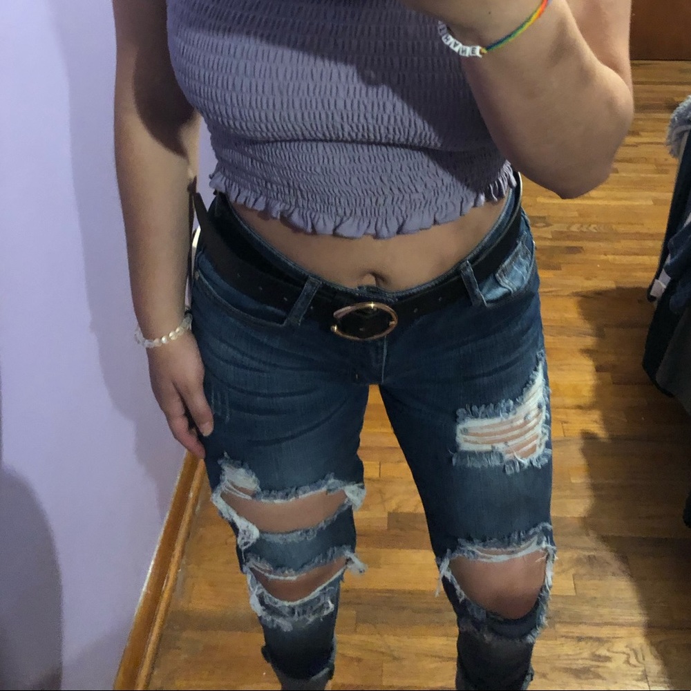 Medium wash distressed skinny jean